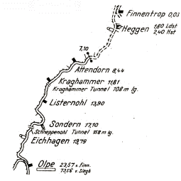 Karte der ehemaligen Strecke, Ausschnitt aus der DB-Übersichtskarte des Betriebsamtes Olpe (Sammlung: Christoph Marschner)